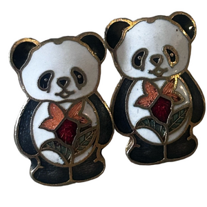 Vintage Cloisonne Panda Earrings Floral Enamel Studs Gold Tone